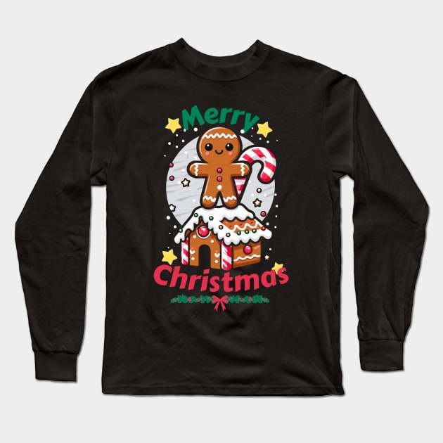 Gingerbread Man with Candy Cane on Gingerbread House. Long Sleeve T-Shirt by Thewondercabinet28